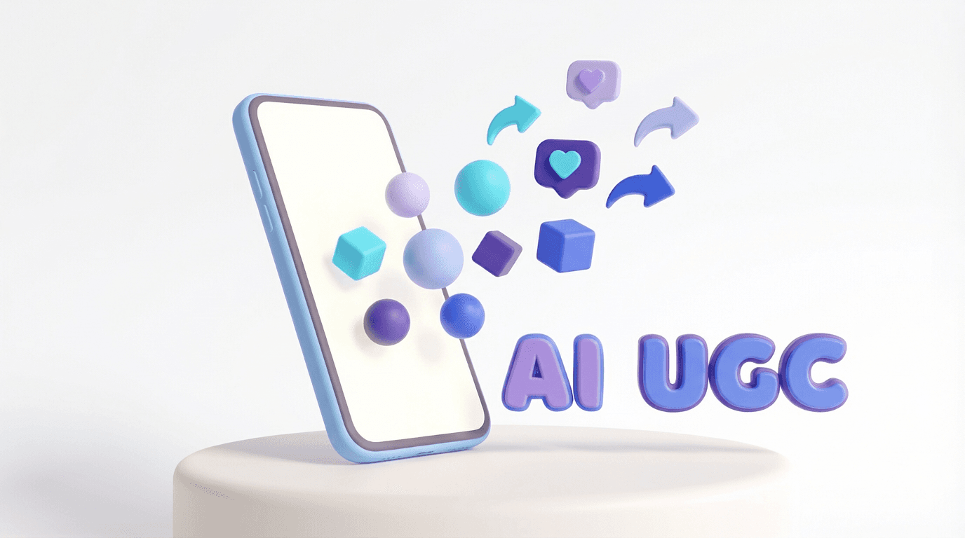 A soft 3D claymorphism illustration of a smartphone with floating purple and blue social media icons, hearts, and shapes rising from the screen. The text 'AI UGC' is rendered in a playful bubble font next to the phone against a clean white background.