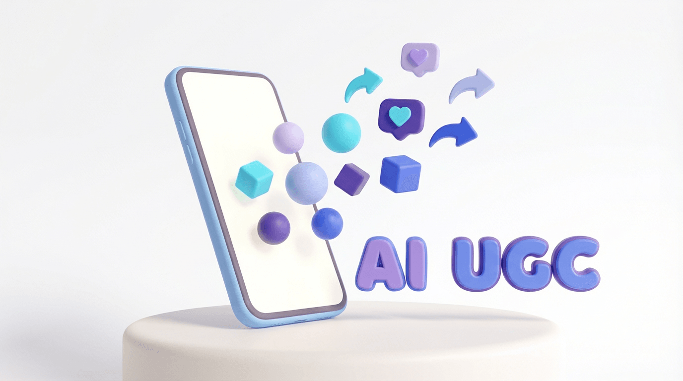A soft 3D claymorphism illustration of a smartphone with floating purple and blue social media icons, hearts, and shapes rising from the screen. The text 'AI UGC' is rendered in a playful bubble font next to the phone against a clean white background.