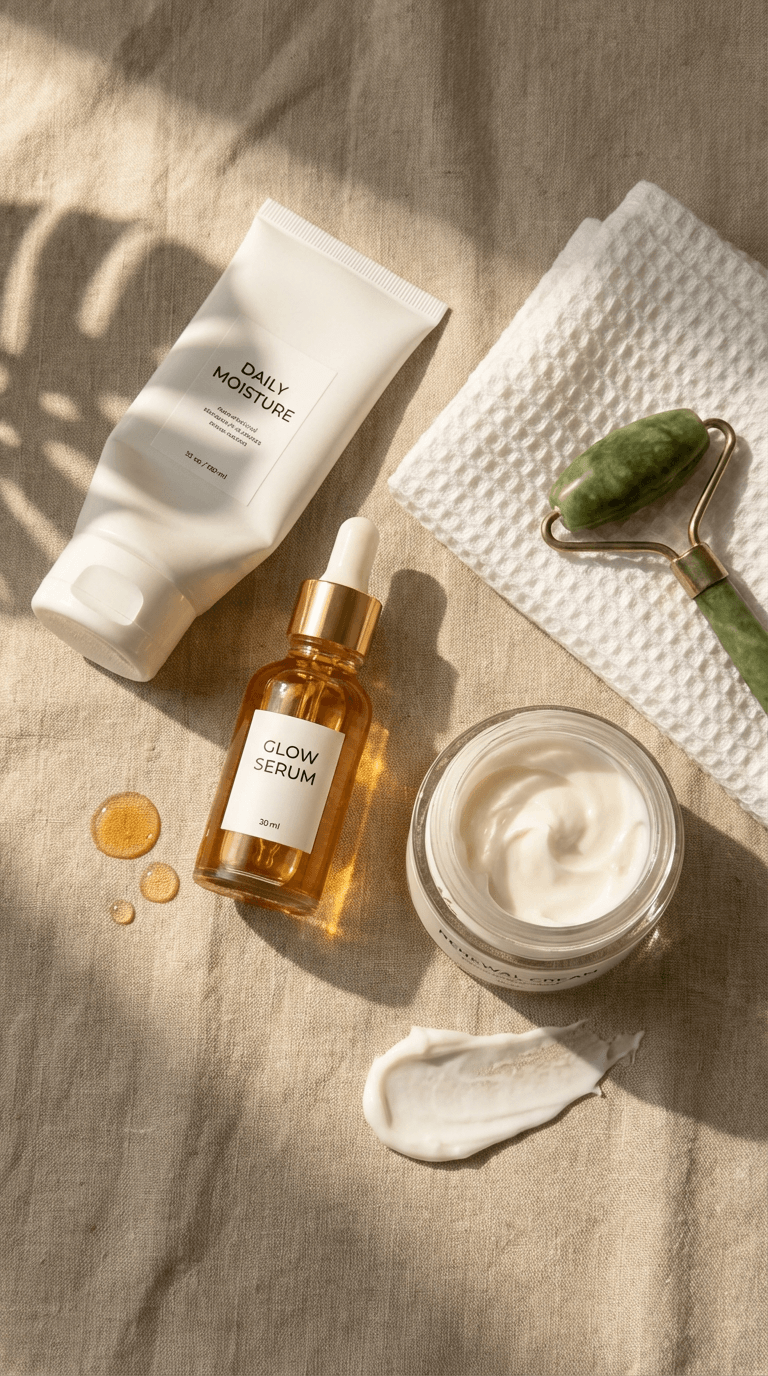 Example of an AI UGC Image: Overhead flat lay of a morning skincare routine on a beige linen surface, featuring a white 'Daily Moisture' tube, an amber 'Glow Serum' bottle, an open jar of cream, and a green jade roller. The arrangement is accented by a white waffle towel, product texture smears, and warm, dappled sunlight shadows.